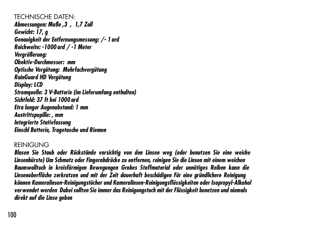 Bushnell 201942 manual 100, Technische Daten, Reinigung 