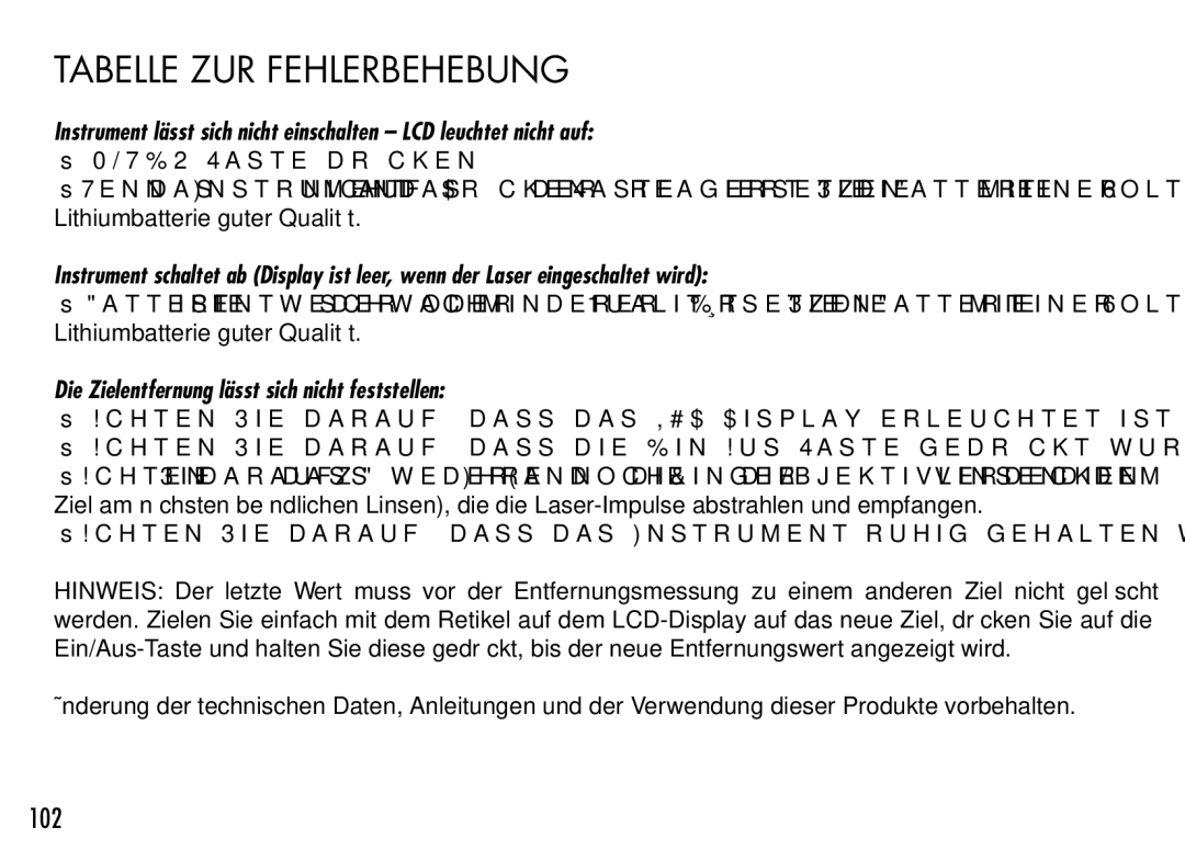 Bushnell 201942 manual 102, Die Zielentfernung lässt sich nicht feststellen 