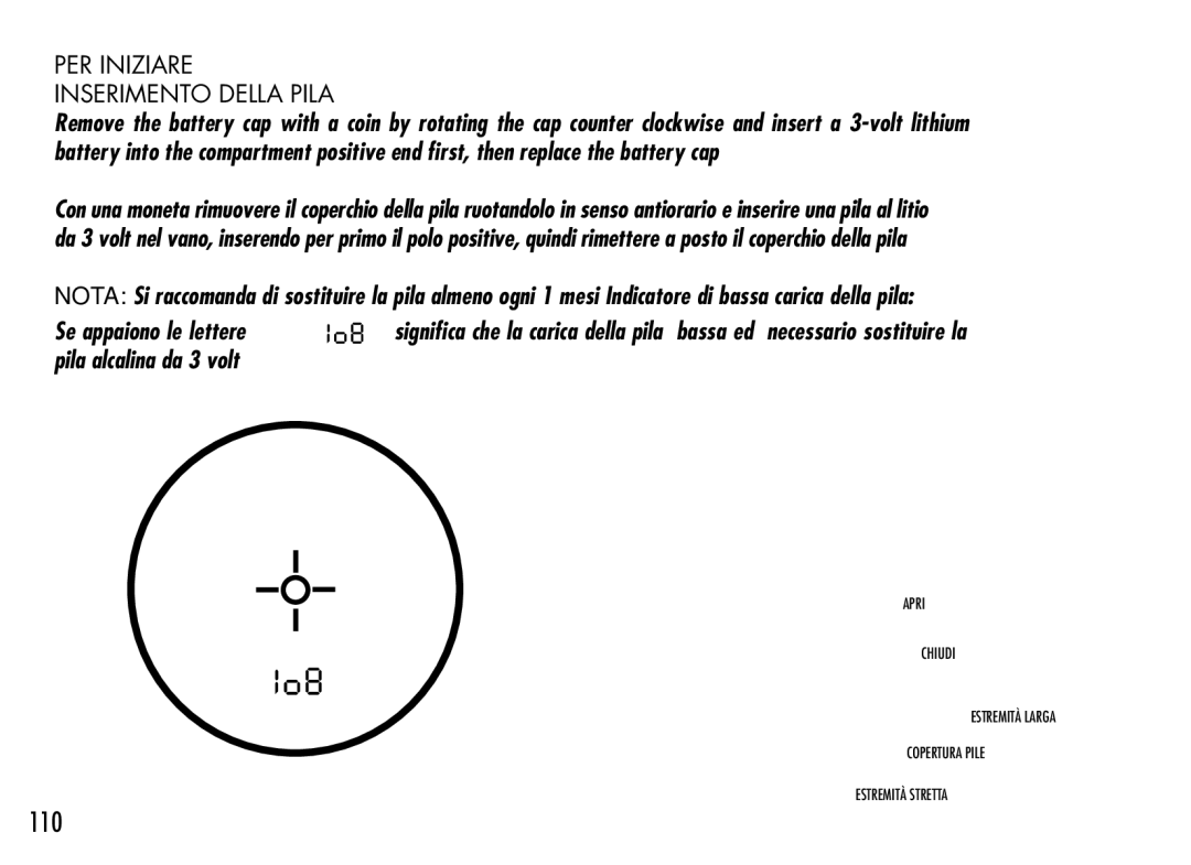 Bushnell 201942 manual 110, PER Iniziare Inserimento Della Pila 