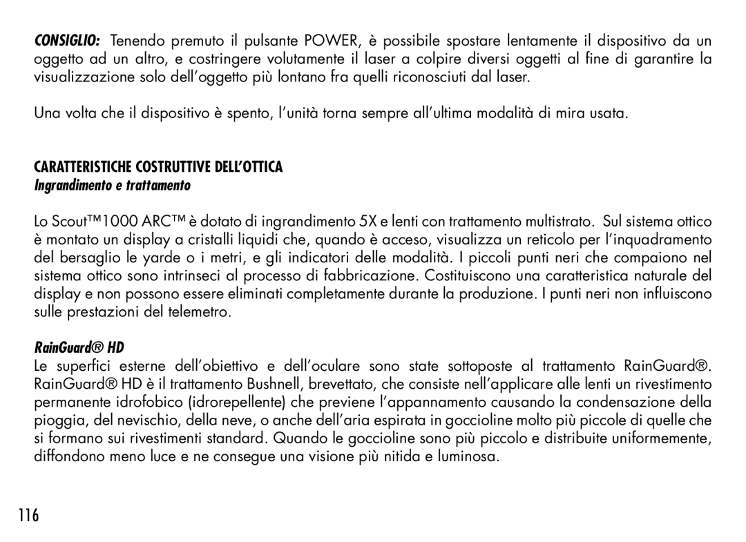 Bushnell 201942 manual 116, Ingrandimento e trattamento 