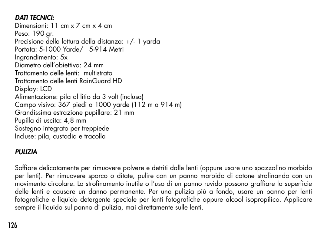 Bushnell 201942 manual 126, Dati Tecnici, Pulizia 