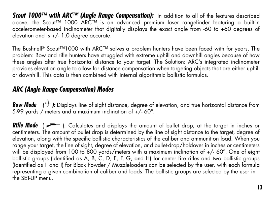 Bushnell 201942 manual ARC Angle Range Compensation Modes 