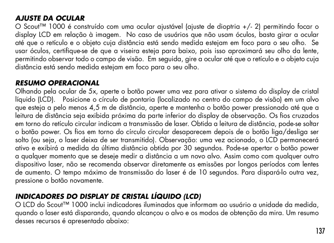 Bushnell 201942 manual 137, Ajuste DA Ocular, Resumo Operacional, Indicadores do Display DE Cristal Líquido LCD 