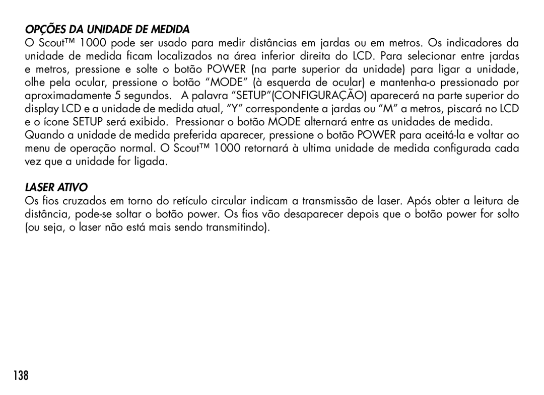 Bushnell 201942 manual 138, Opções DA Unidade DE Medida, Laser Ativo 