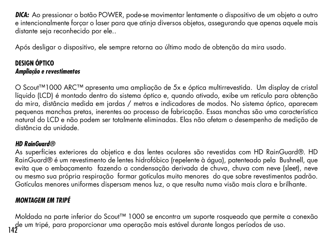 Bushnell 201942 manual 142, Ampliação e revestimentos, HD RainGuard, Montagem EM Tripé 