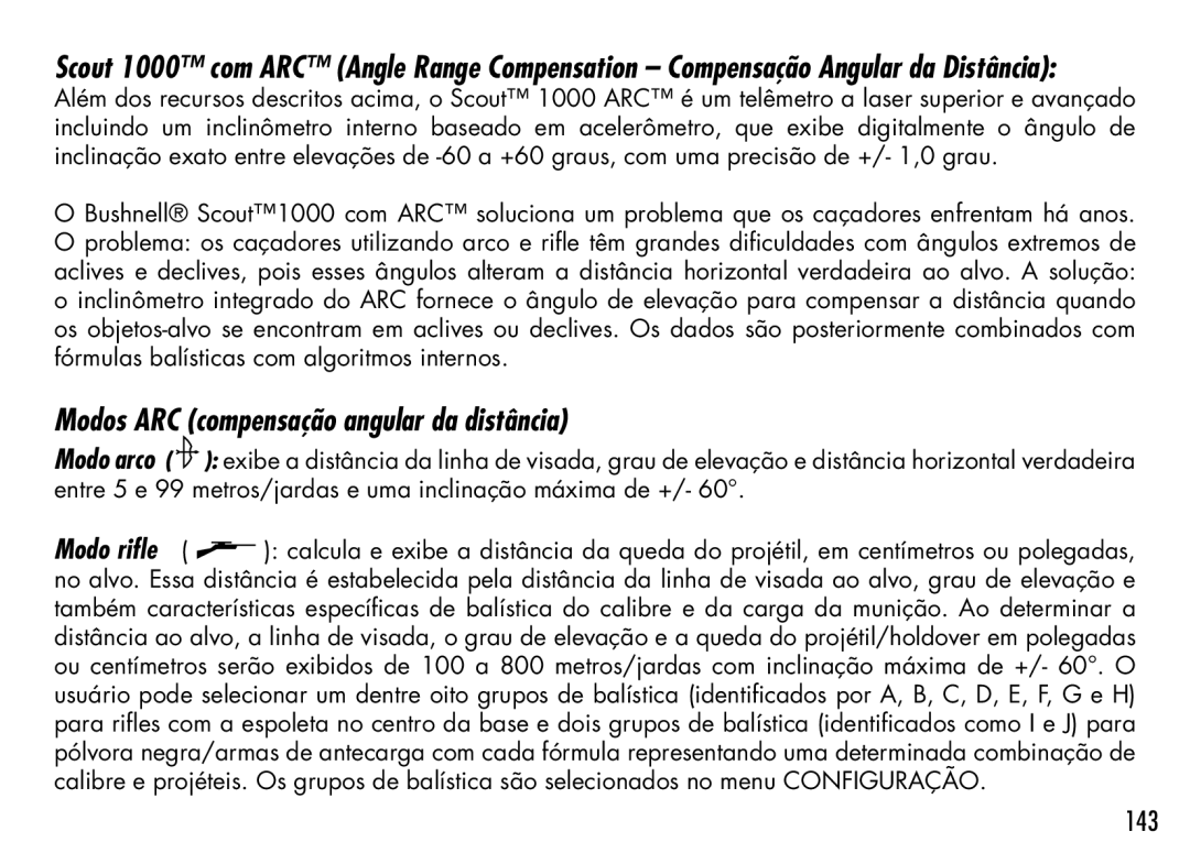 Bushnell 201942 manual Modos ARC compensação angular da distância, 143 