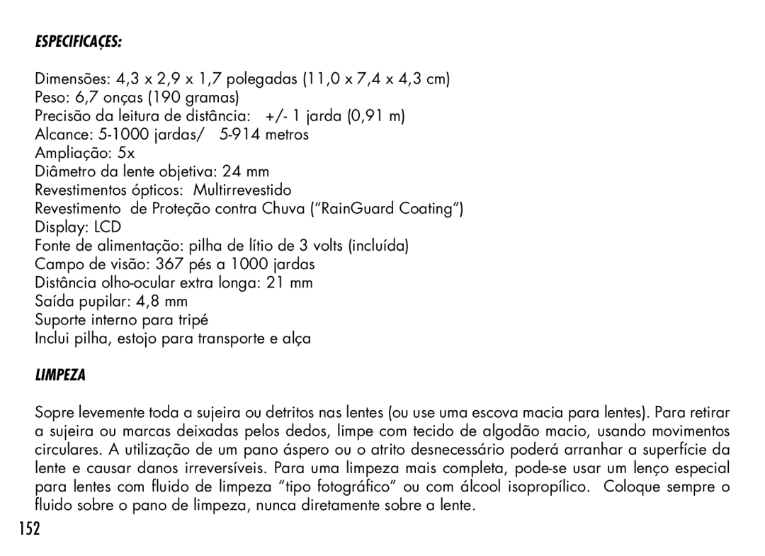 Bushnell 201942 manual 152, Especificações, Limpeza 