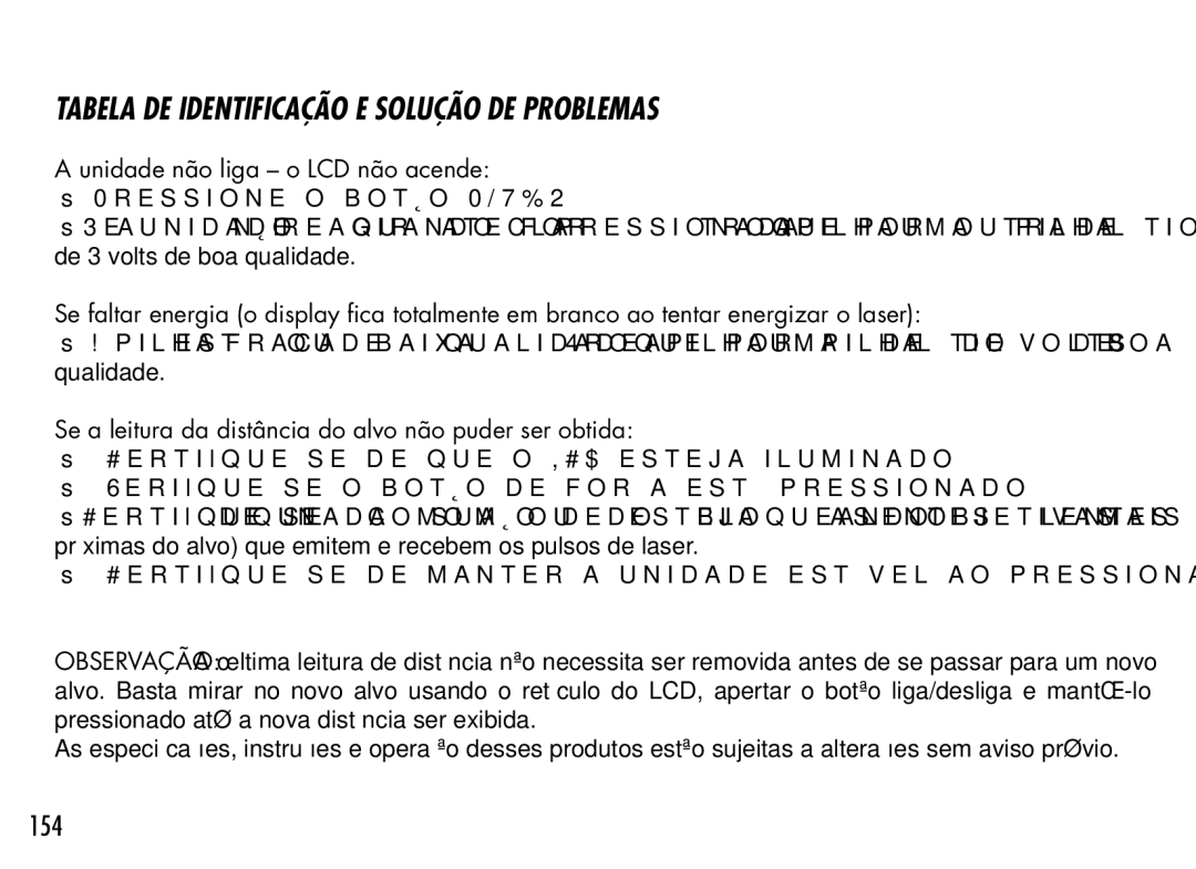 Bushnell 201942 manual 154, Unidade não liga o LCD não acende, Se a leitura da distância do alvo não puder ser obtida 