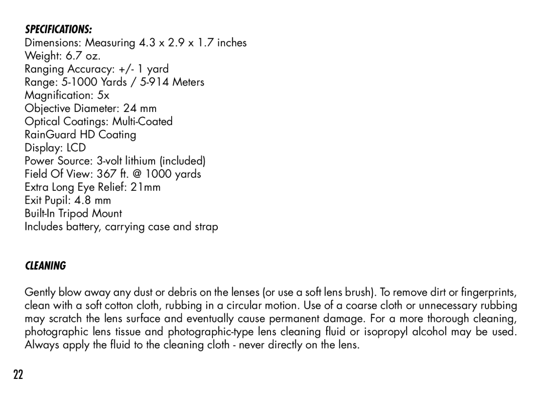 Bushnell 201942 manual Specifications, Cleaning 