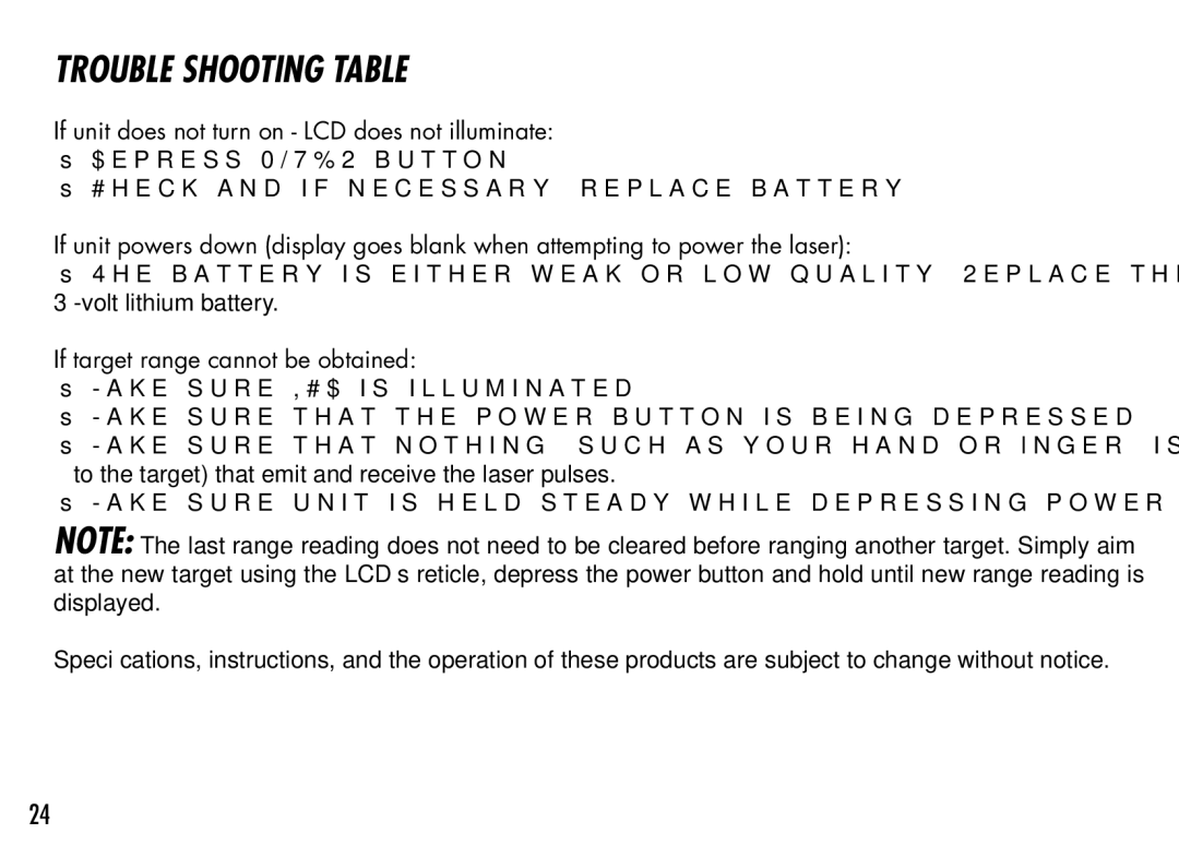 Bushnell 201942 manual If unit does not turn on LCD does not illuminate, If target range cannot be obtained 