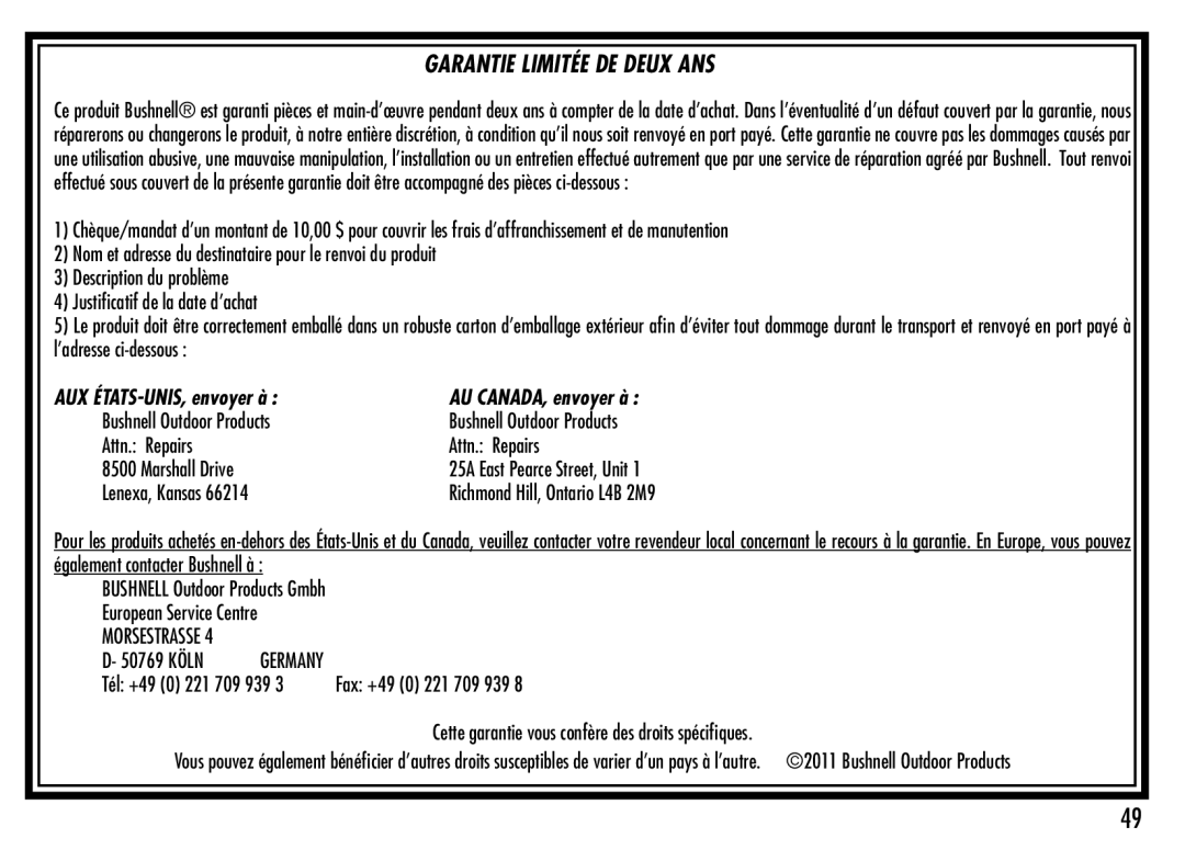 Bushnell 201942 manual Garantie Limitée DE Deux ANS 