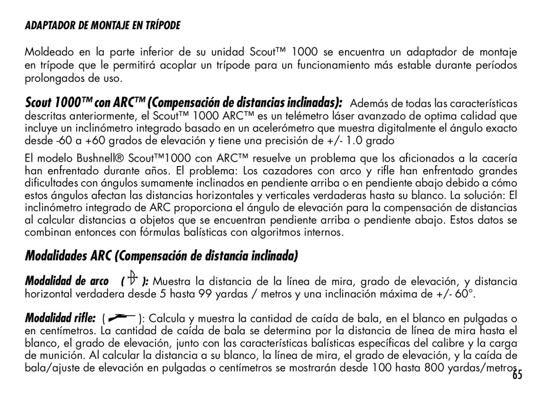 Bushnell 201942 manual Modalidades ARC Compensación de distancia inclinada, Adaptador DE Montaje EN Trípode 