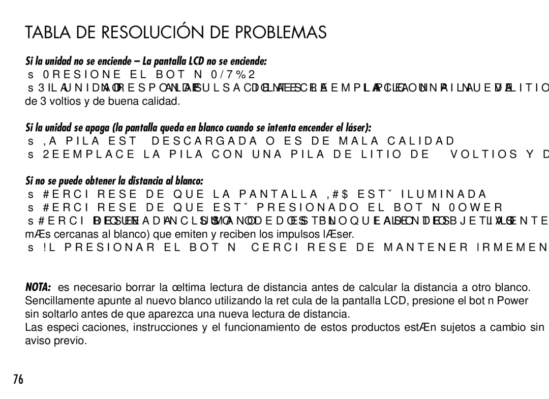 Bushnell 201942 Si la unidad no se enciende La pantalla LCD no se enciende, Si no se puede obtener la distancia al blanco 