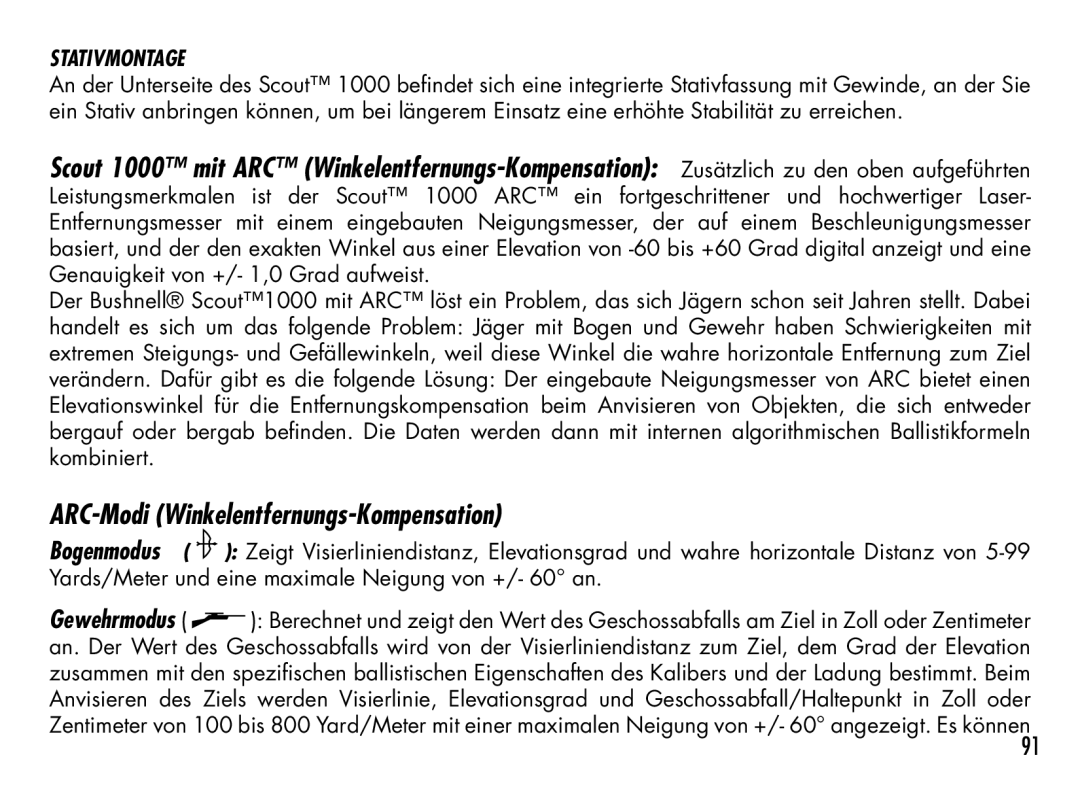 Bushnell 201942 manual ARC-Modi Winkelentfernungs-Kompensation, Stativmontage 