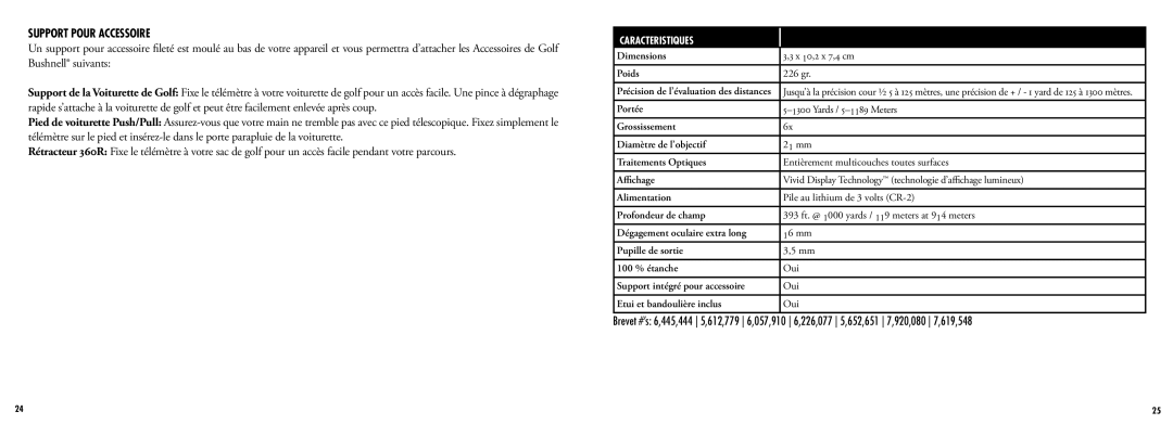 Bushnell 201960 manual Support Pour Accessoire, Caracteristiques 