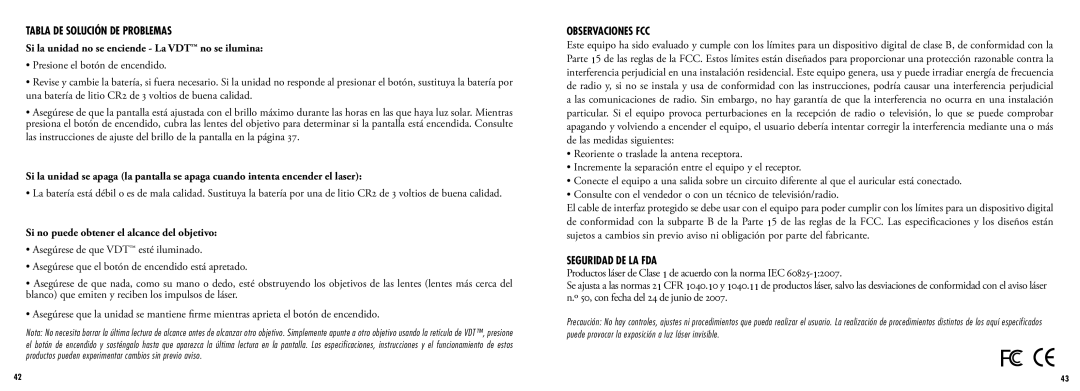 Bushnell 201960 manual Tabla DE Solución DE Problemas, Si la unidad no se enciende La VDT no se ilumina, Observaciones FCC 