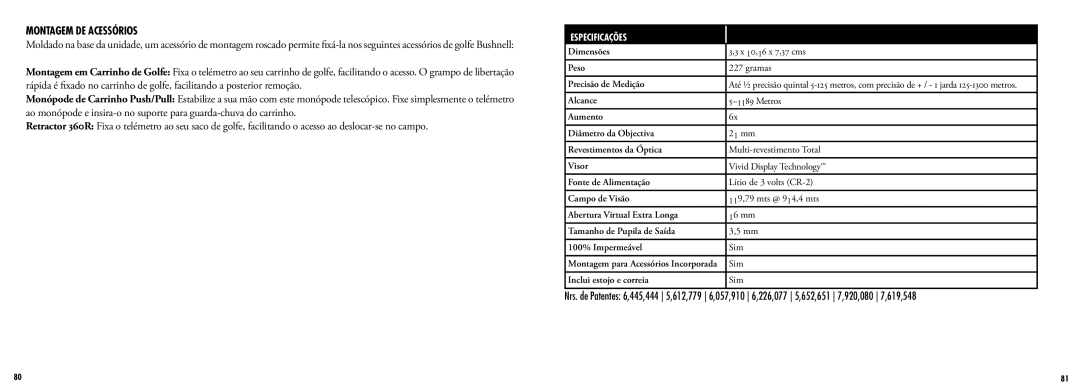 Bushnell 201960 manual Montagem DE Acessórios, Especificações 