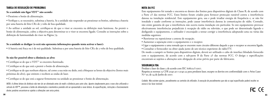 Bushnell 201960 manual Tabela DE Resolução DE Problemas, Se a unidade não ligar VDT não acende, Nota da FCC, Segurança FDA 