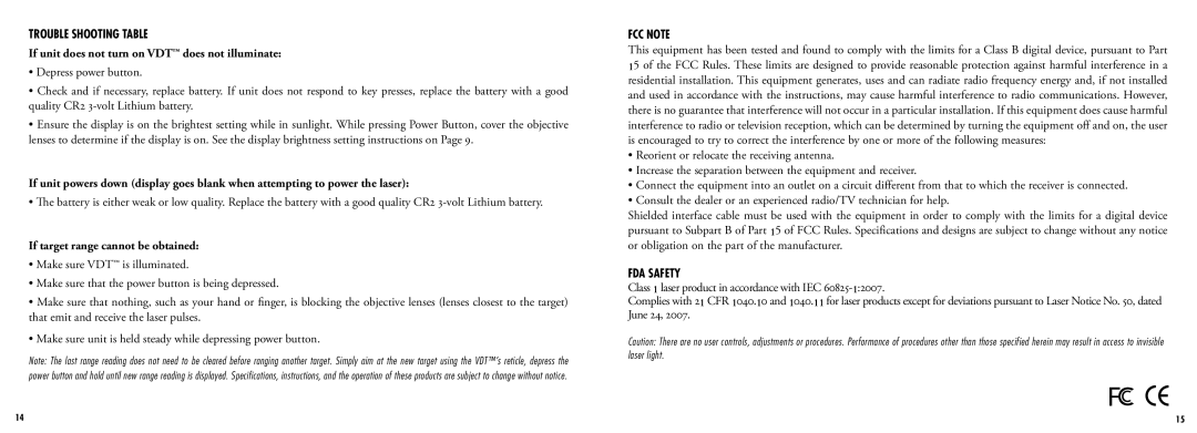 Bushnell 201960 manual Trouble Shooting Table, If unit does not turn on VDT does not illuminate, FCC Note, FDA Safety 