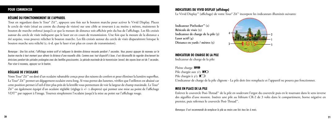 Bushnell 201960 manual Pour Commencer, Résumé DU Fonctionnement DE L’APPAREIL, Indicateurs DU Vivid Display affichage 