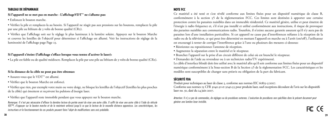 Bushnell 201960 manual Tableau DE Dépannage, Si la distance de la cible ne peut pas être obtenue, Sécurité FDA 