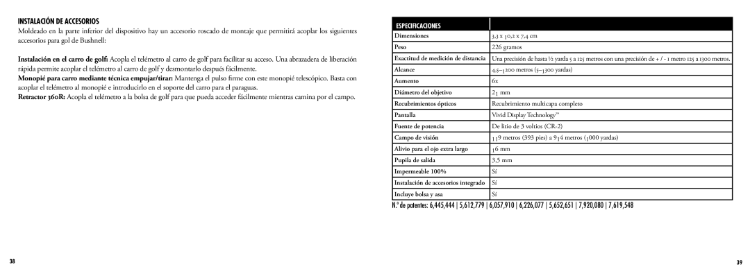 Bushnell 201960 manual Instalación DE Accesorios, Especificaciones 