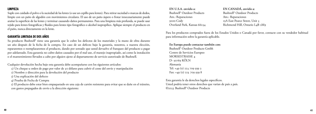 Bushnell 201960 manual Limpieza, Garantía Limitada DE DOS Años, EN U.S.A. envíelo a EN CANADÁ, envíelo a 