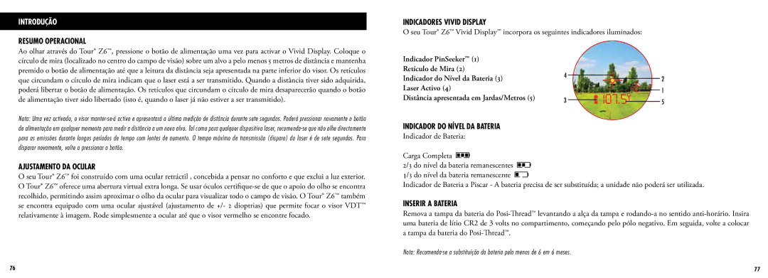 Bushnell 201960 Introdução, Resumo Operacional Indicadores Vivid Display, Indicador do Nível DA Bateria, Inserir a Bateria 