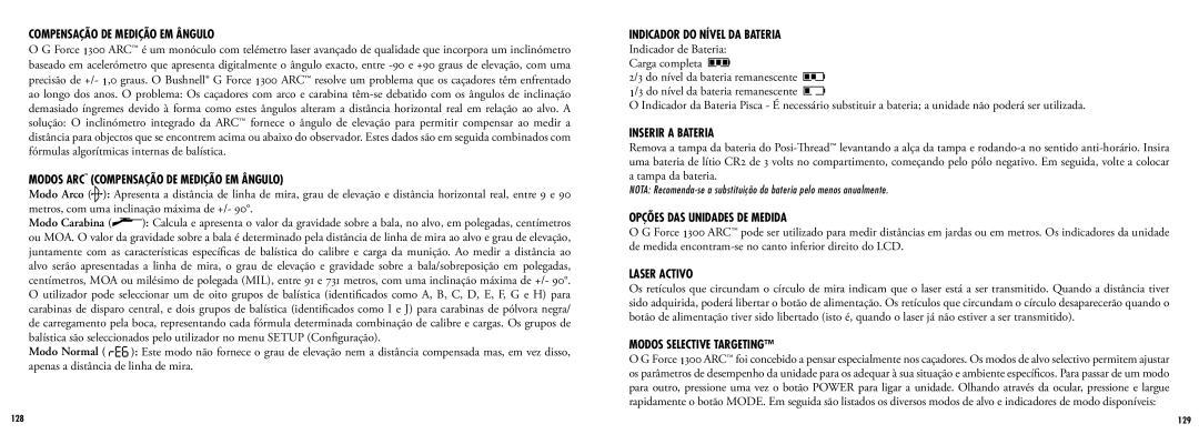 Bushnell 201965, 201966 manual Indicador do Nível DA Bateria, Inserir a Bateria, Opções DAS Unidades DE Medida, Laser Activo 