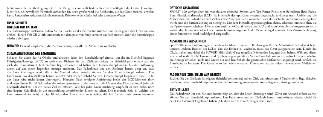 Bushnell 202201 Erste Schritte Einlegen DER Batterie, Zusammenfassung DER Bedienung, Optische Gestaltung, Aktiver Laser 