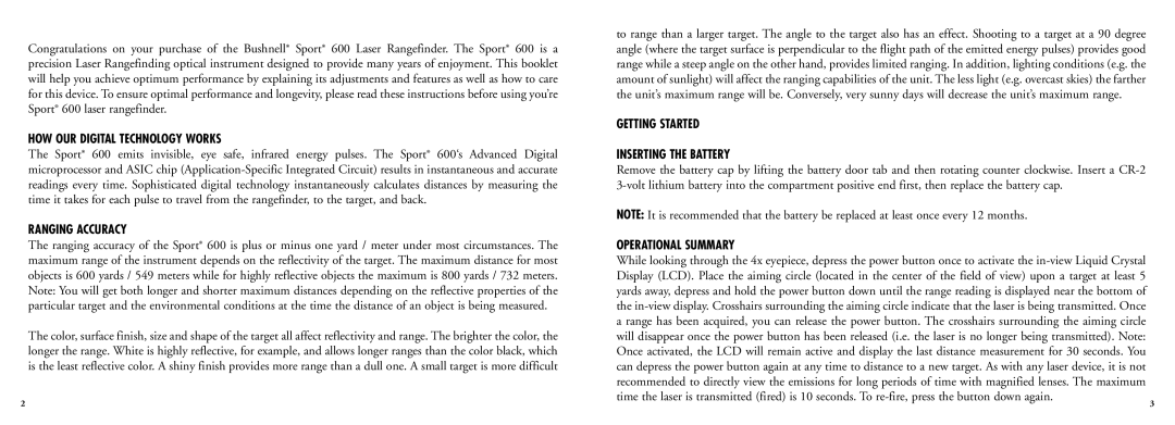 Bushnell 202201 manual HOW OUR Digital Technology Works, Ranging Accuracy, Getting Started Inserting the Battery 