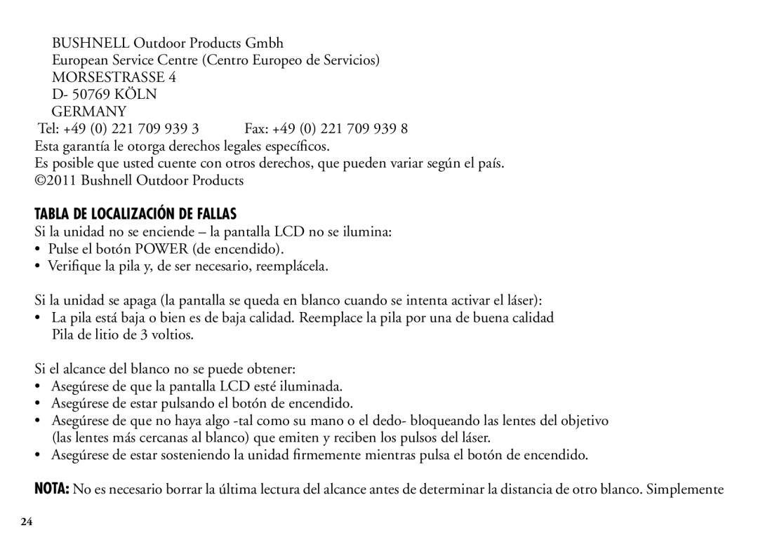 Bushnell 202201 manual Tabla DE Localización DE Fallas 