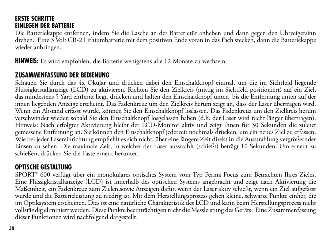 Bushnell 202201 manual Erste Schritte Einlegen DER Batterie, Zusammenfassung DER Bedienung, Optische Gestaltung 