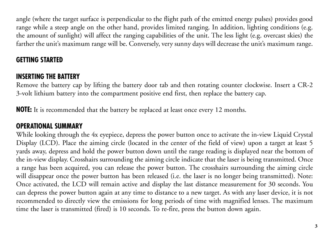 Bushnell 202201 manual Getting Started Inserting the Battery, Operational Summary 