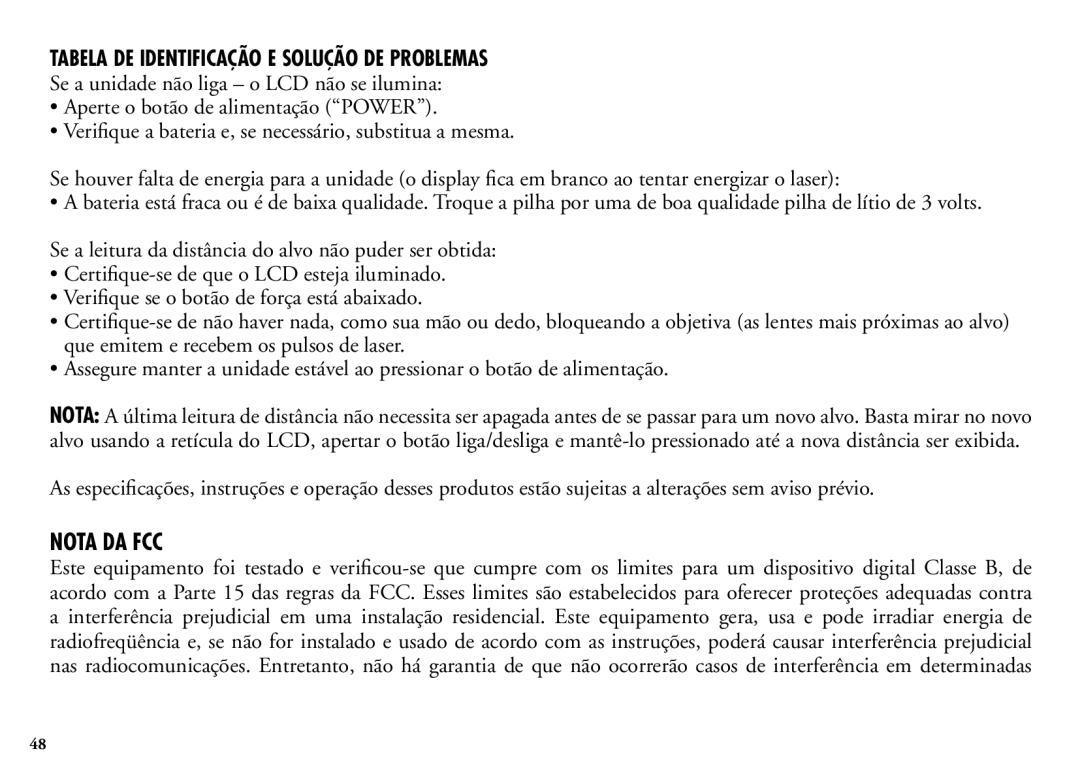 Bushnell 202201 manual Tabela DE Identificação E Solução DE Problemas, Nota da FCC 