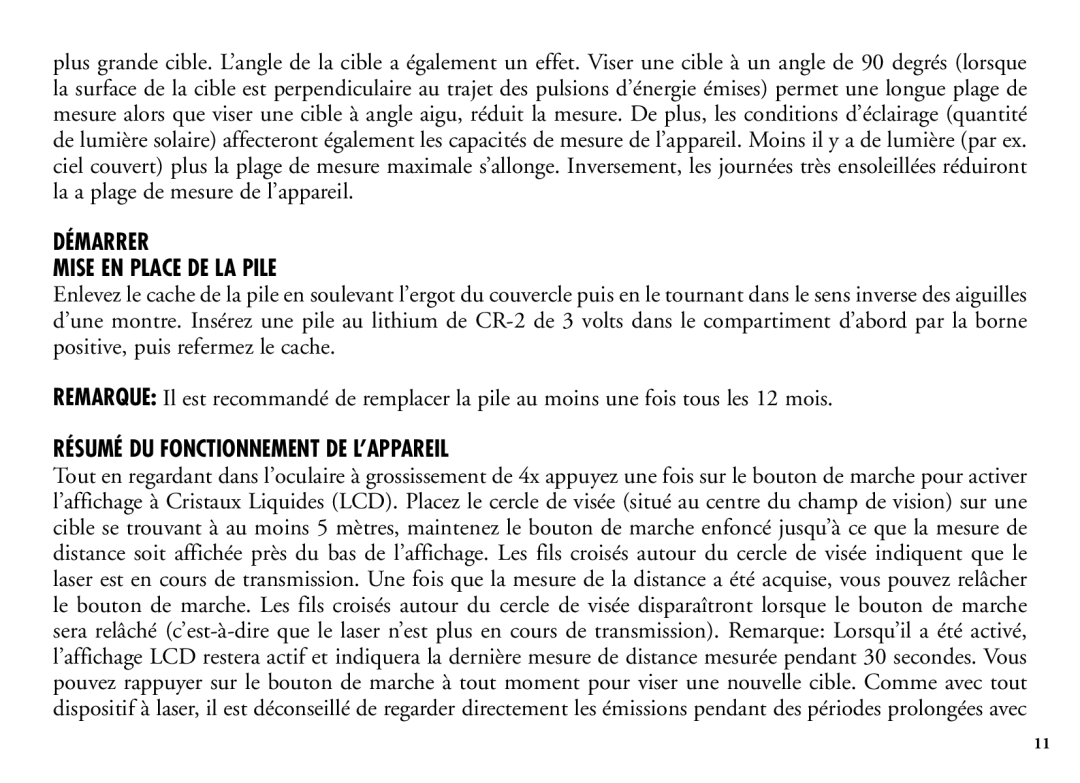 Bushnell 202205 manual Démarrer Mise EN Place DE LA Pile, Résumé DU Fonctionnement DE L’APPAREIL 