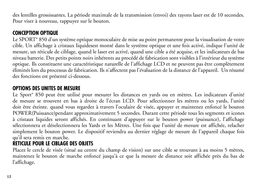 Bushnell 202205 manual Conception Optique, Options DES Unites DE Mesure, Reticule Pour LE Ciblage DES Objets 