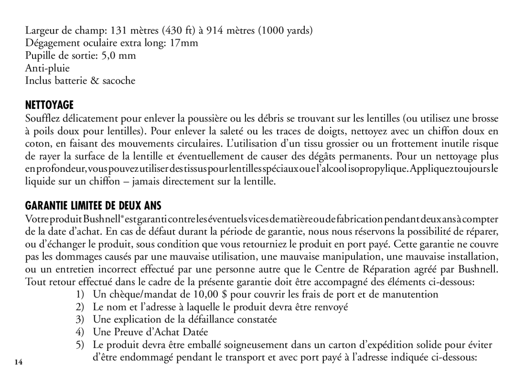 Bushnell 202205 manual Nettoyage, Garantie Limitee DE Deux ANS 