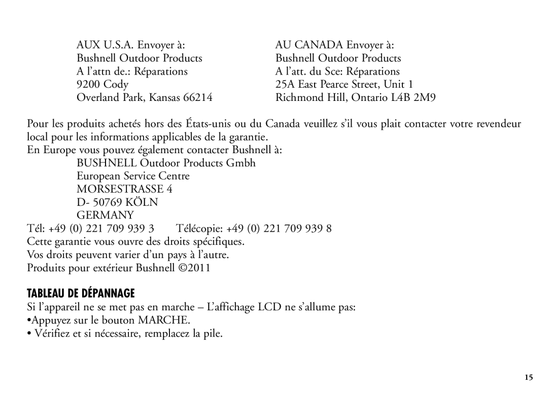 Bushnell 202205 manual Tableau DE Dépannage 