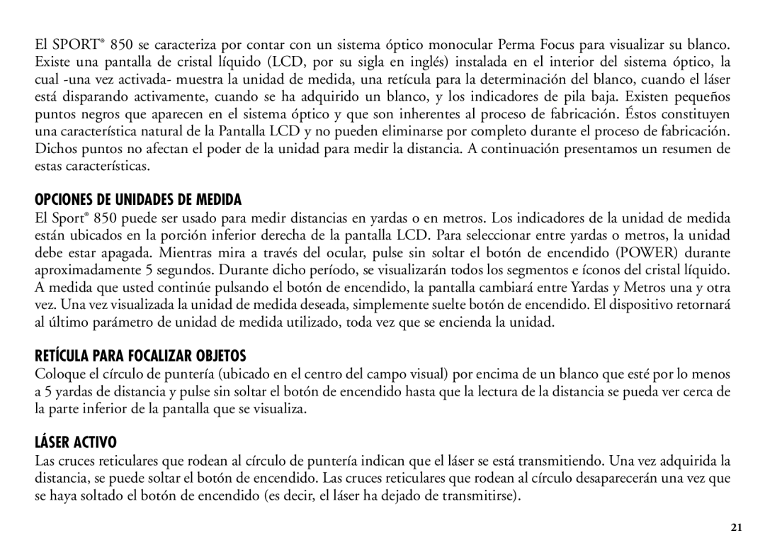 Bushnell 202205 manual Opciones DE Unidades DE Medida, Retícula Para Focalizar Objetos, Láser Activo 