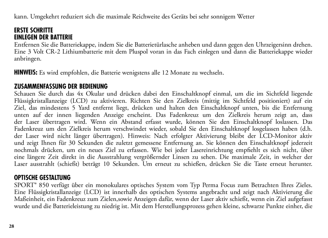 Bushnell 202205 manual Erste Schritte Einlegen DER Batterie, Zusammenfassung DER Bedienung, Optische Gestaltung 