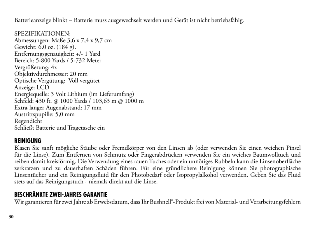 Bushnell 202205 manual Reinigung, Beschränkte ZWEI-JAHRES Garantie 