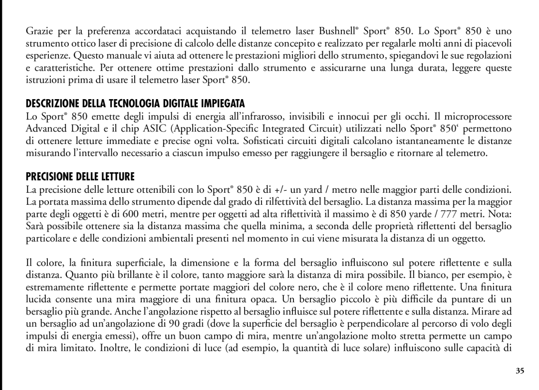 Bushnell 202205 manual Descrizione Della Tecnologia Digitale Impiegata, Precisione Delle Letture 