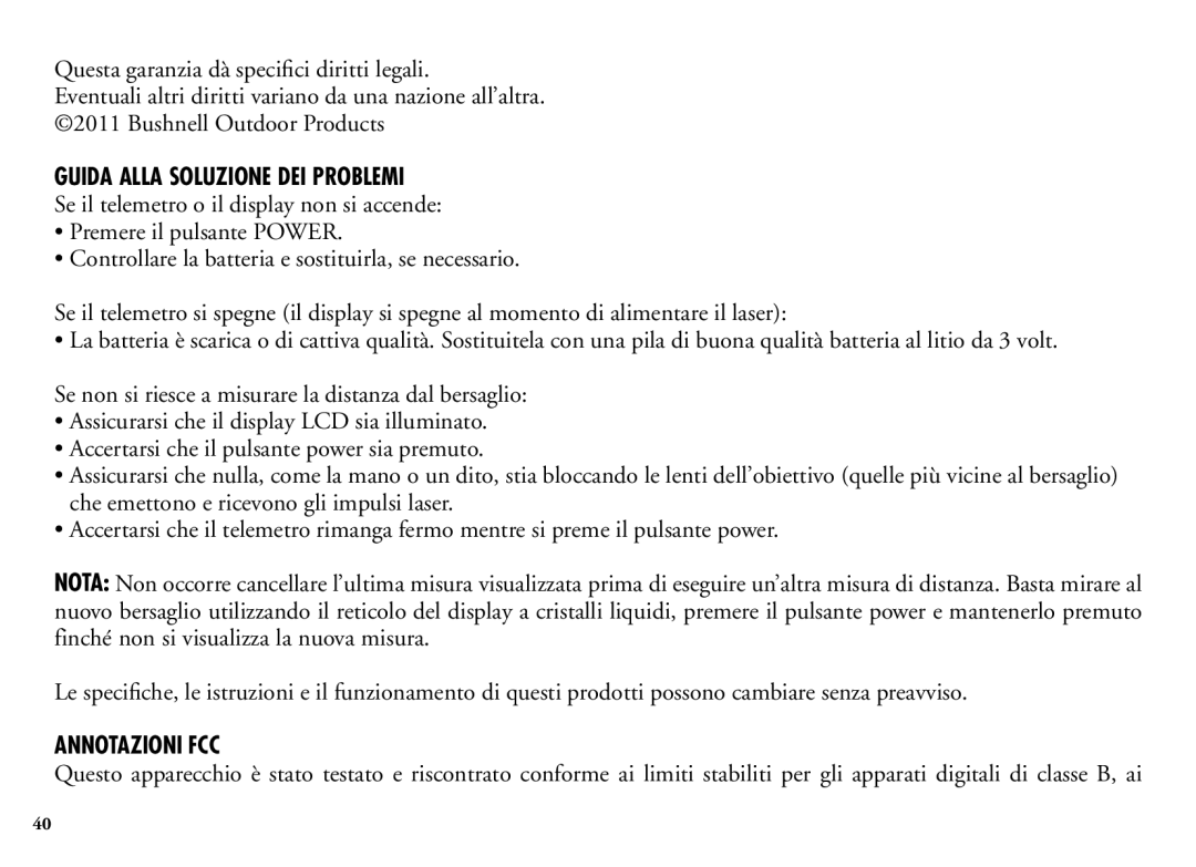 Bushnell 202205 manual Guida Alla Soluzione DEI Problemi, Annotazioni FCC 