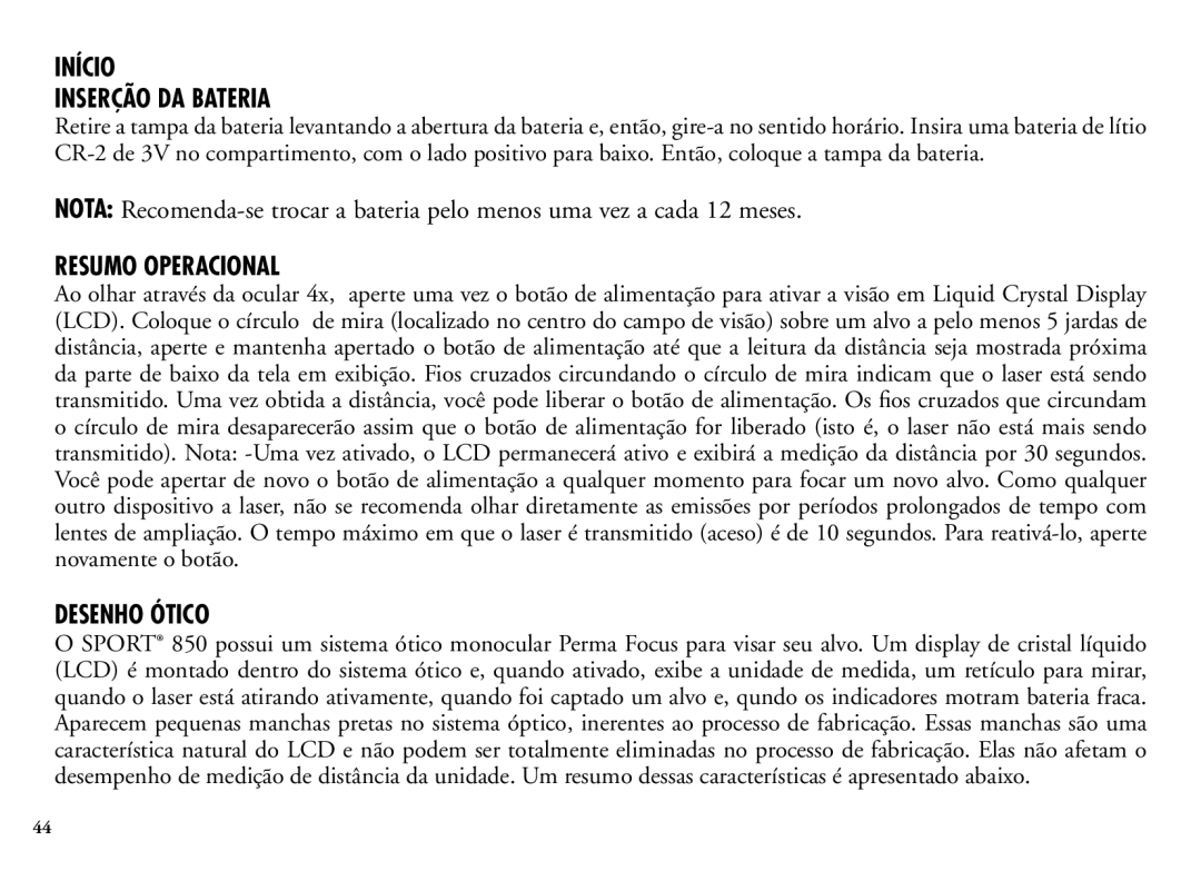 Bushnell 202205 manual Início Inserção DA Bateria, Resumo Operacional, Desenho Ótico 