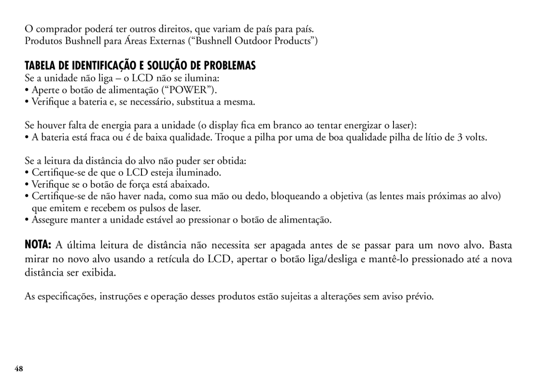 Bushnell 202205 manual Tabela DE Identificação E Solução DE Problemas 