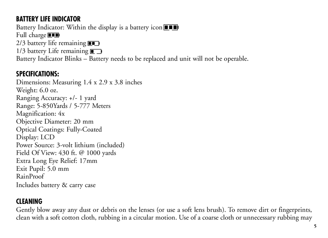 Bushnell 202205 manual Battery Life Indicator, Specifications, Cleaning 