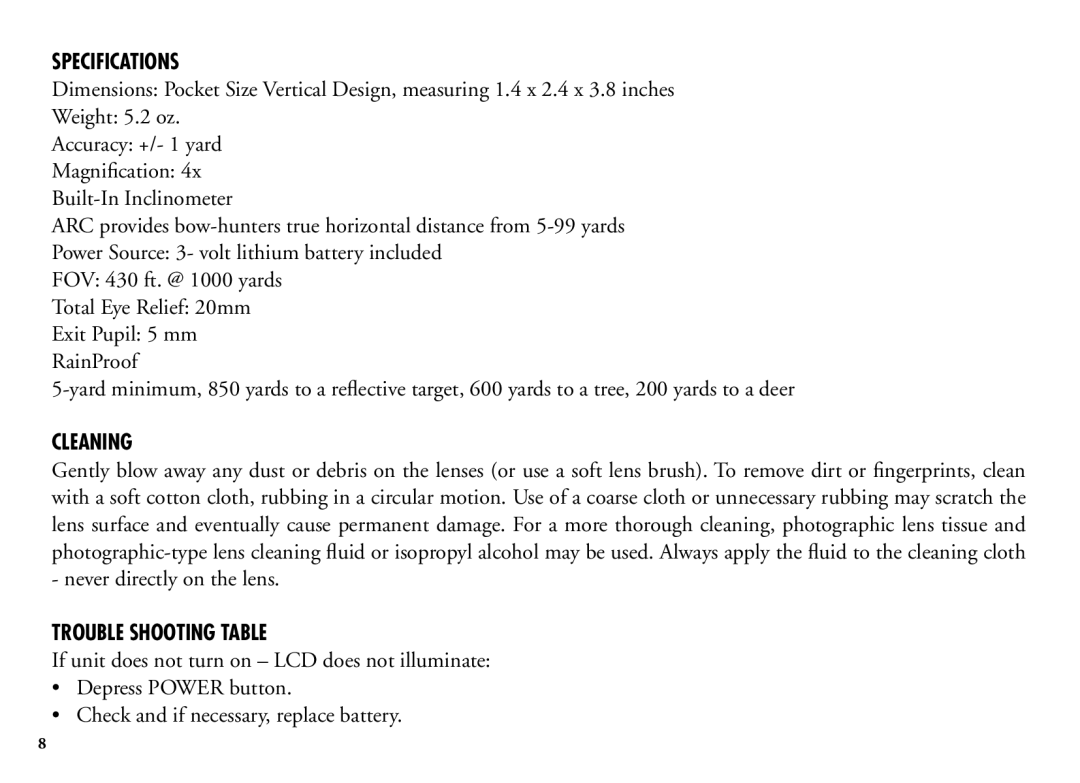 Bushnell 202206 manual Specifications, Cleaning, Trouble Shooting Table 