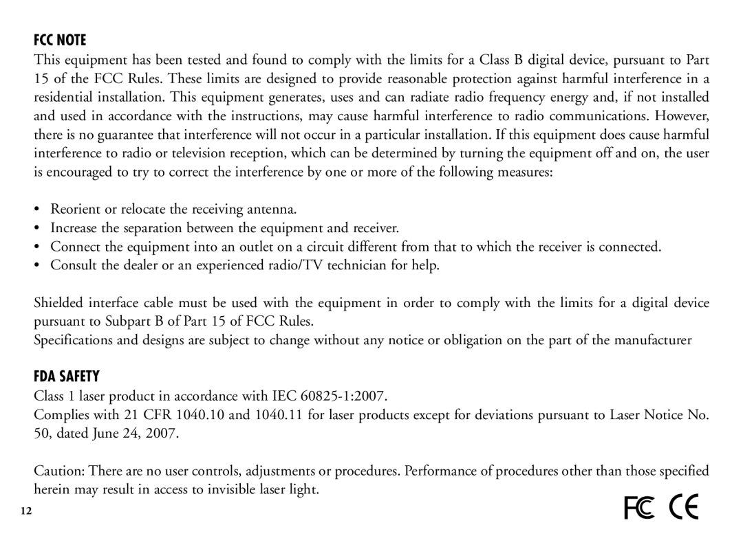 Bushnell 202206 manual FCC Note, FDA Safety 