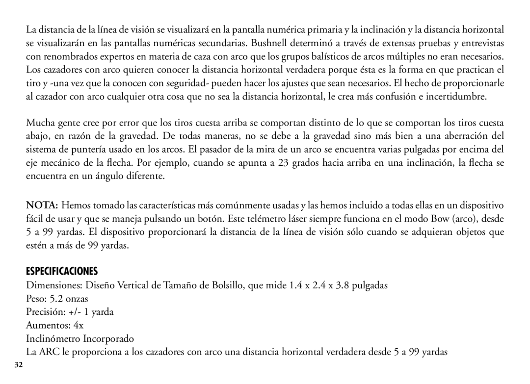 Bushnell 202206 manual Especificaciones 